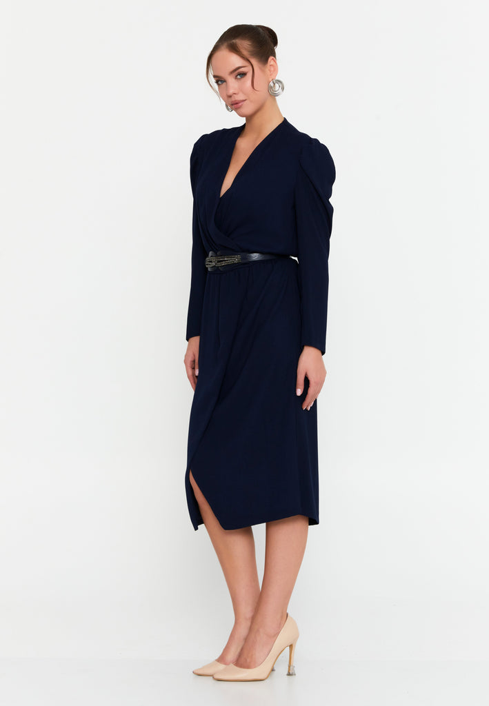 Elegant Wrap V-Neck Midi Dress – Tailored Waist, Subtle Shoulder Detail & Refined Professional Silhouette