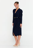 Elegant Wrap V-Neck Midi Dress – Tailored Waist, Subtle Shoulder Detail & Refined Professional Silhouette