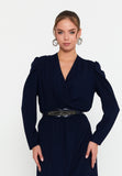 Elegant Wrap V-Neck Midi Dress – Tailored Waist, Subtle Shoulder Detail & Refined Professional Silhouette