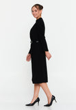 Elegant Wrap V-Neck Midi Dress – Tailored Waist, Subtle Shoulder Detail & Refined Professional Silhouette