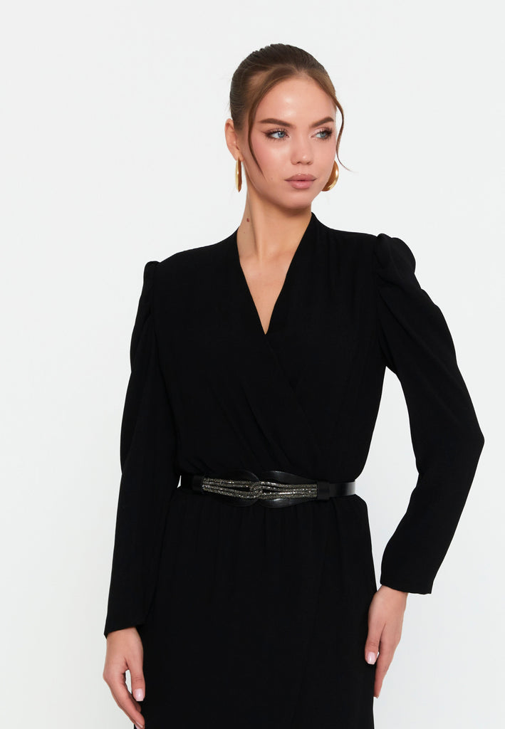 Elegant Wrap V-Neck Midi Dress – Tailored Waist, Subtle Shoulder Detail & Refined Professional Silhouette
