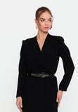 Elegant Wrap V-Neck Midi Dress – Tailored Waist, Subtle Shoulder Detail & Refined Professional Silhouette