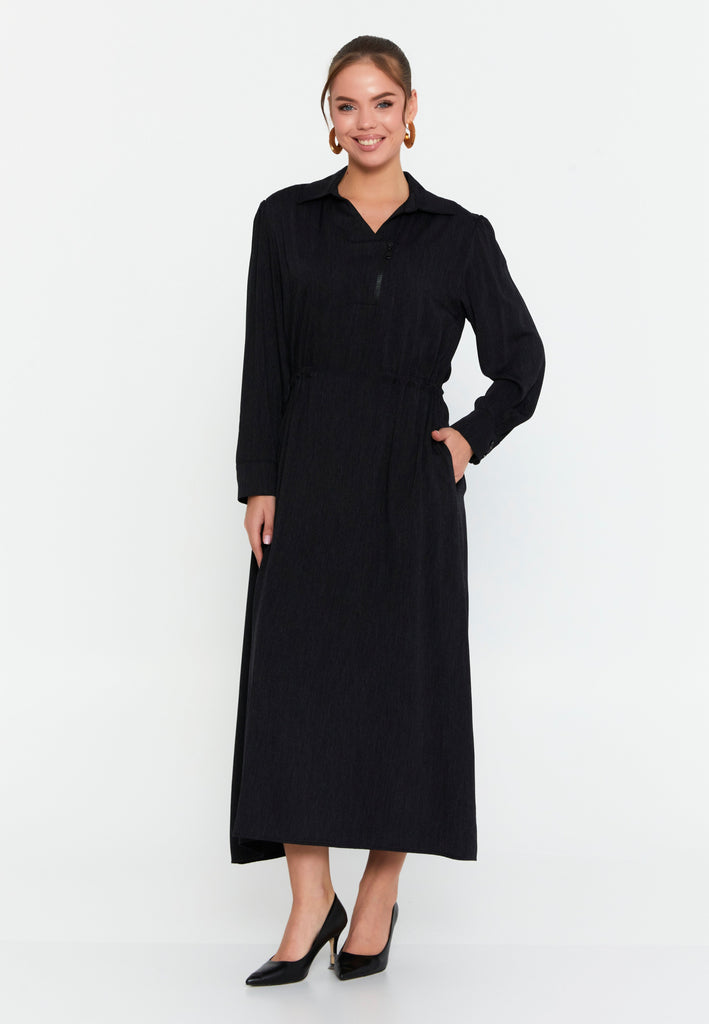 Collared Long-Sleeve Midi Dress – Half-Zip Front, Hidden Pockets & A-Line Silhouette for Effortless Everyday Elegance
