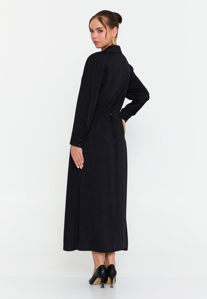 Collared Long-Sleeve Midi Dress – Half-Zip Front, Hidden Pockets & A-Line Silhouette for Effortless Everyday Elegance