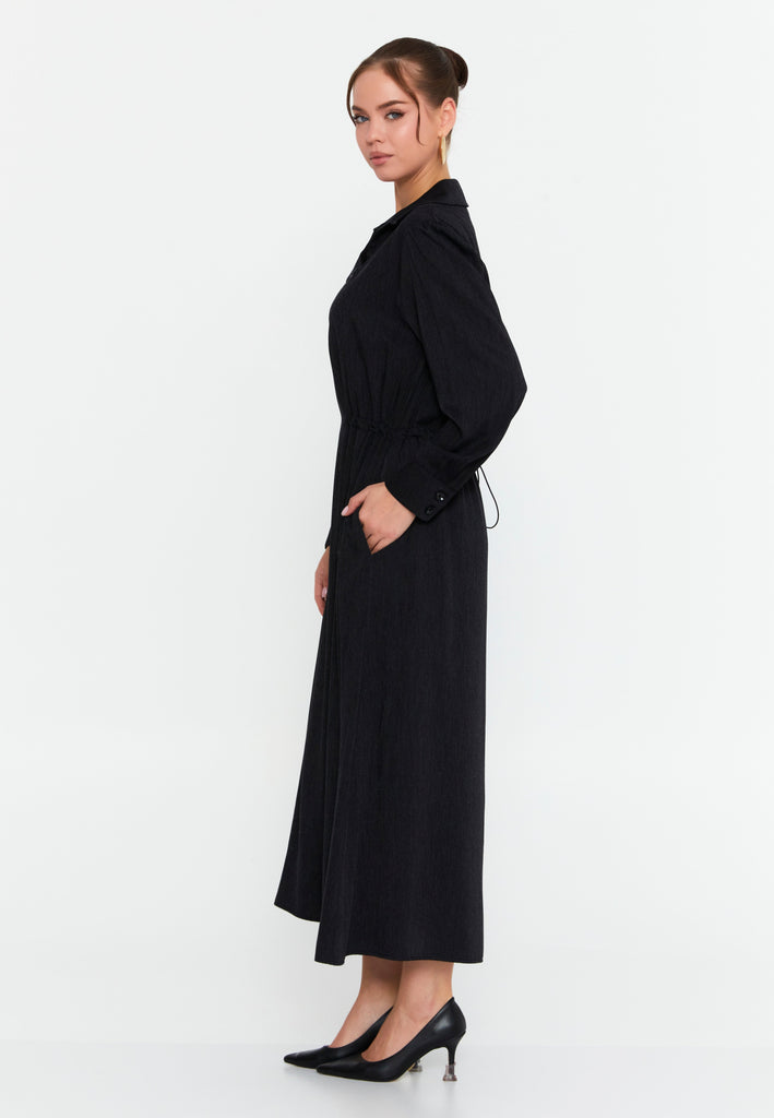 Collared Long-Sleeve Midi Dress – Half-Zip Front, Hidden Pockets & A-Line Silhouette for Effortless Everyday Elegance