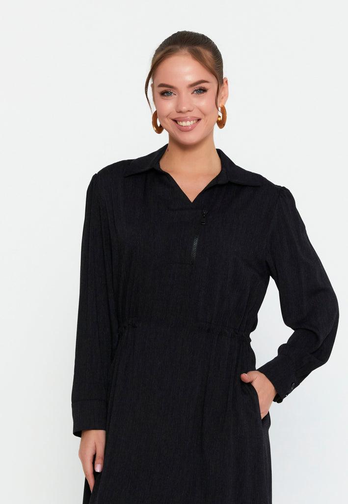 Collared Long-Sleeve Midi Dress – Half-Zip Front, Hidden Pockets & A-Line Silhouette for Effortless Everyday Elegance