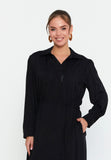 Collared Long-Sleeve Midi Dress – Half-Zip Front, Hidden Pockets & A-Line Silhouette for Effortless Everyday Elegance