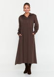 Collared Long-Sleeve Midi Dress – Half-Zip Front, Hidden Pockets & A-Line Silhouette for Effortless Everyday Elegance