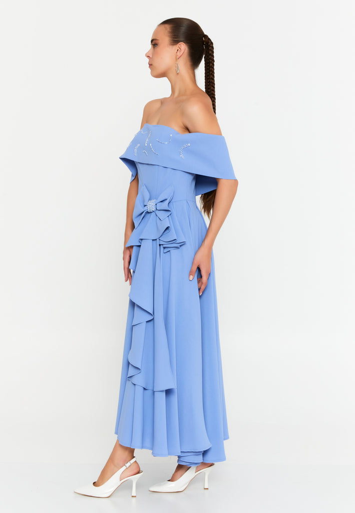 Off Shoulder Midi Polyester Column Evening Dress