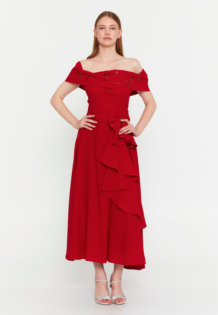 Off Shoulder Midi Polyester Column Evening Dress
