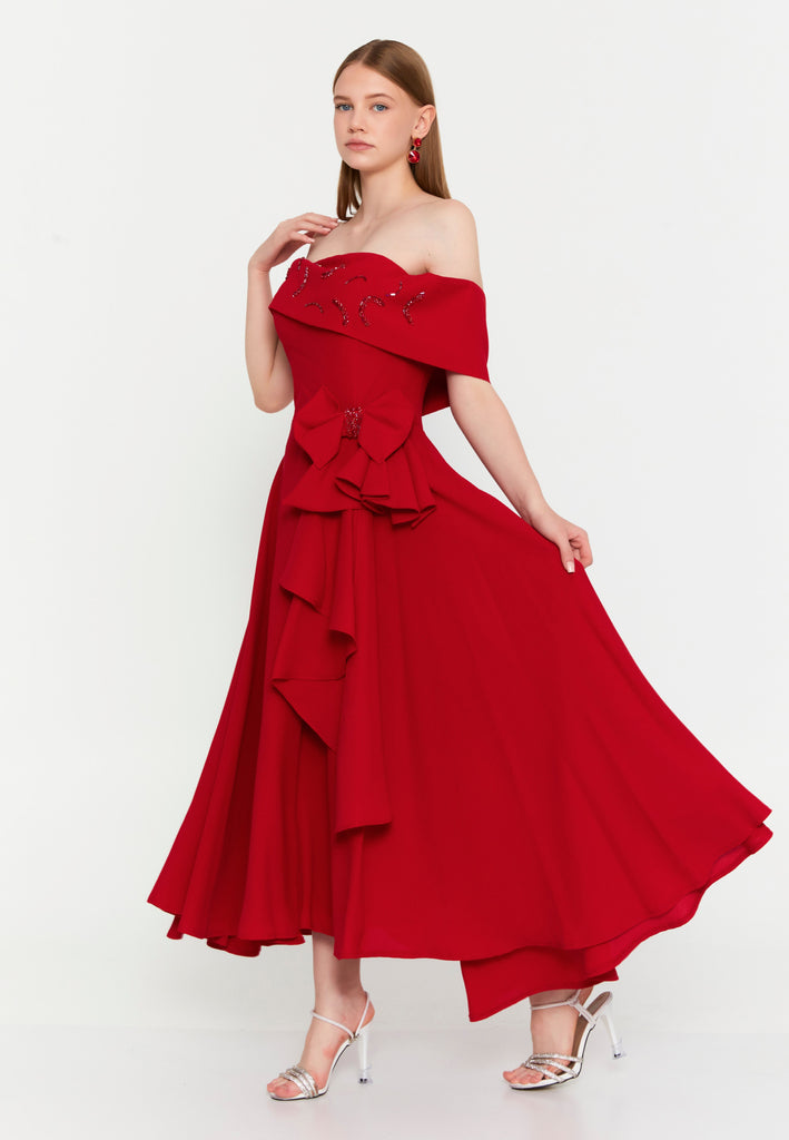 Off Shoulder Midi Polyester Column Evening Dress