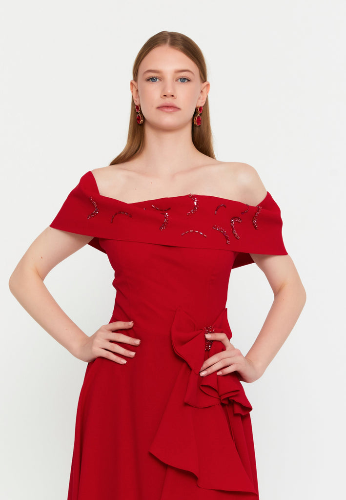 Off Shoulder Midi Polyester Column Evening Dress