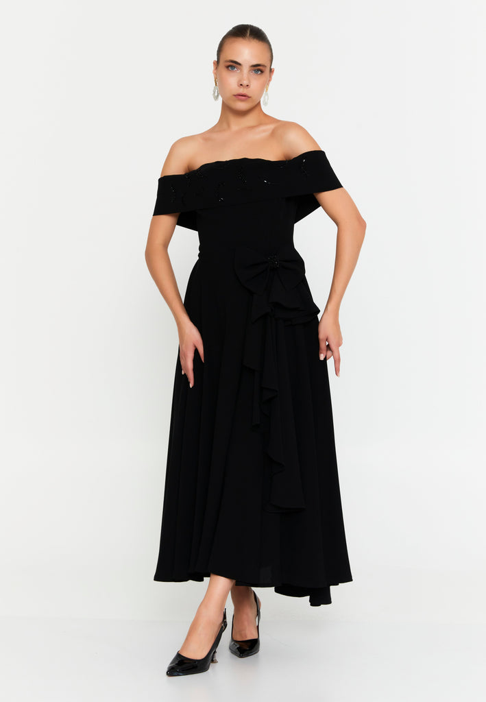 Off Shoulder Midi Polyester Column Evening Dress