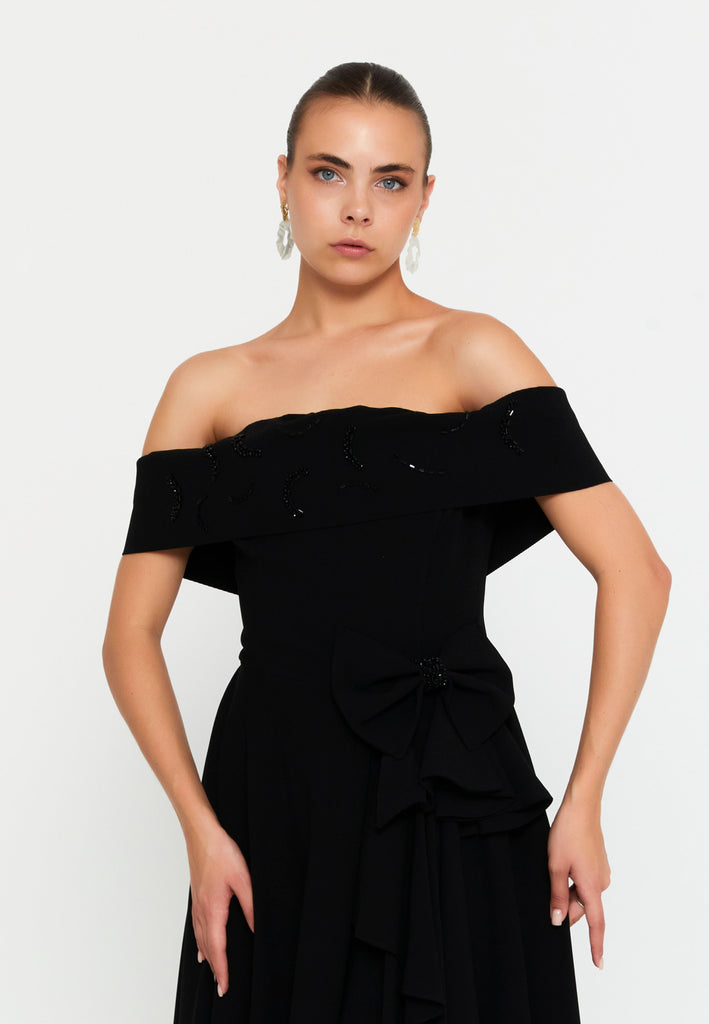 Off Shoulder Midi Polyester Column Evening Dress