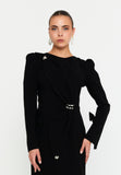 Structured Long-Sleeve Evening Gown – Sculpted Waistline, Draped Detailing & Pearl-Embellished Accents