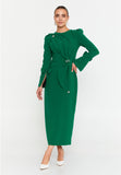 Structured Long-Sleeve Evening Gown – Sculpted Waistline, Draped Detailing & Pearl-Embellished Accents