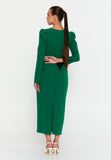 Structured Long-Sleeve Evening Gown – Sculpted Waistline, Draped Detailing & Pearl-Embellished Accents