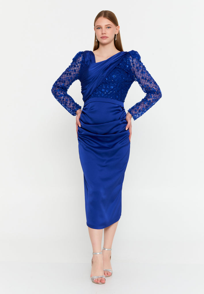 Long Sleeve Midi Polyester Column Evening Dress