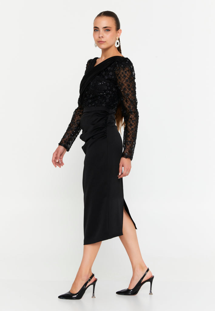 Long Sleeve Midi Polyester Column Evening Dress