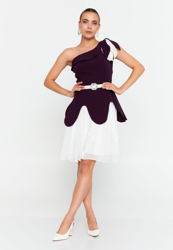 One Shoulder Midi Polyester Column Evening Dress
