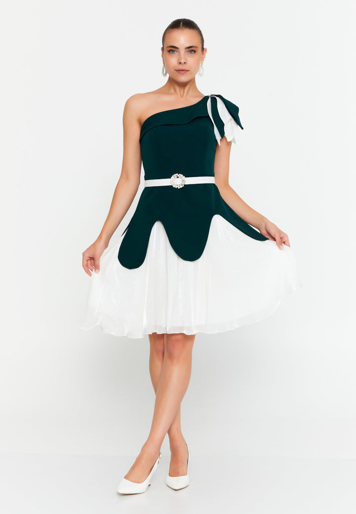 One Shoulder Midi Polyester Column Evening Dress