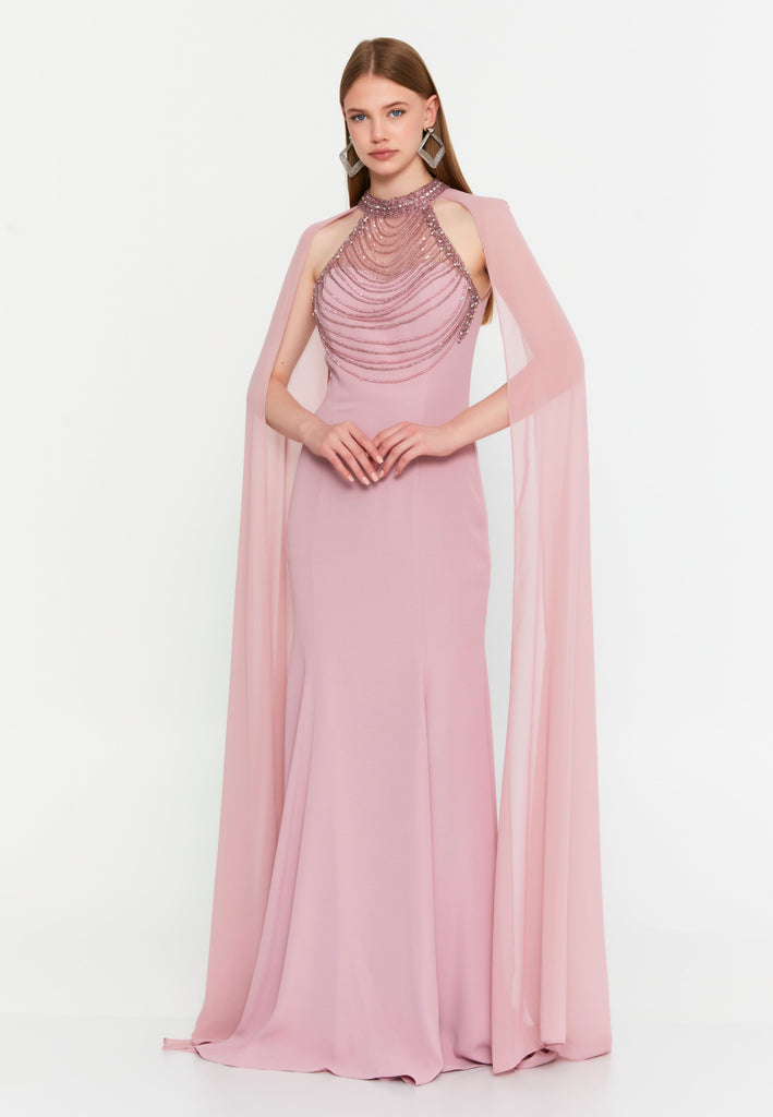 High-Neck Beaded Cape Gown – Cascading Jewel Drape, Sheer Flowing Sleeves & Sculpted Mermaid Silhouette