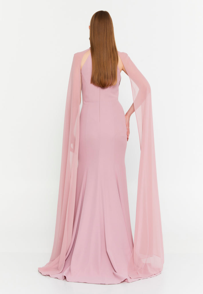 High-Neck Beaded Cape Gown – Cascading Jewel Drape, Sheer Flowing Sleeves & Sculpted Mermaid Silhouette