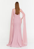 High-Neck Beaded Cape Gown – Cascading Jewel Drape, Sheer Flowing Sleeves & Sculpted Mermaid Silhouette