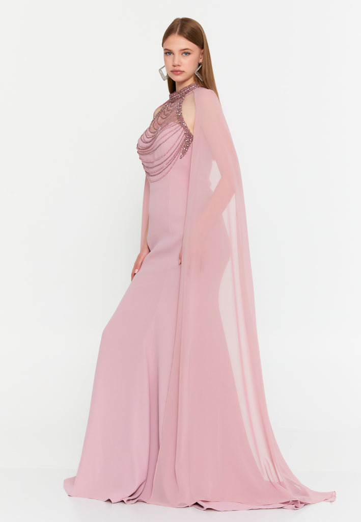 High-Neck Beaded Cape Gown – Cascading Jewel Drape, Sheer Flowing Sleeves & Sculpted Mermaid Silhouette