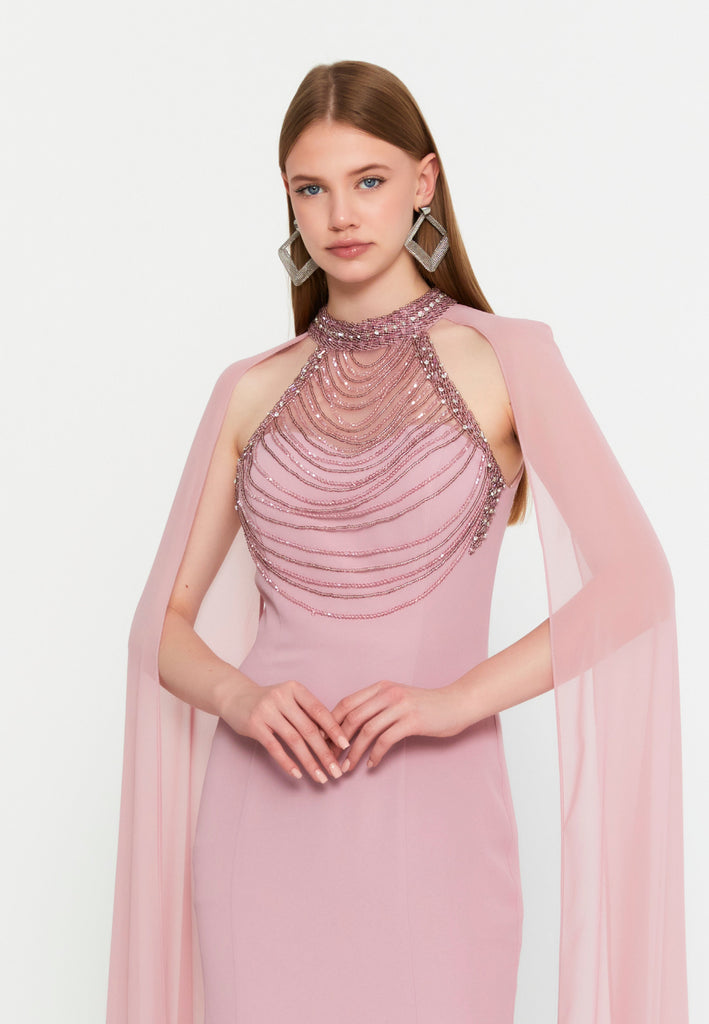 High-Neck Beaded Cape Gown – Cascading Jewel Drape, Sheer Flowing Sleeves & Sculpted Mermaid Silhouette
