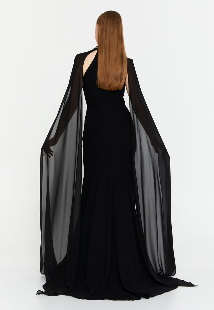 High-Neck Beaded Cape Gown – Cascading Jewel Drape, Sheer Flowing Sleeves & Sculpted Mermaid Silhouette