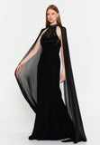 High-Neck Beaded Cape Gown – Cascading Jewel Drape, Sheer Flowing Sleeves & Sculpted Mermaid Silhouette