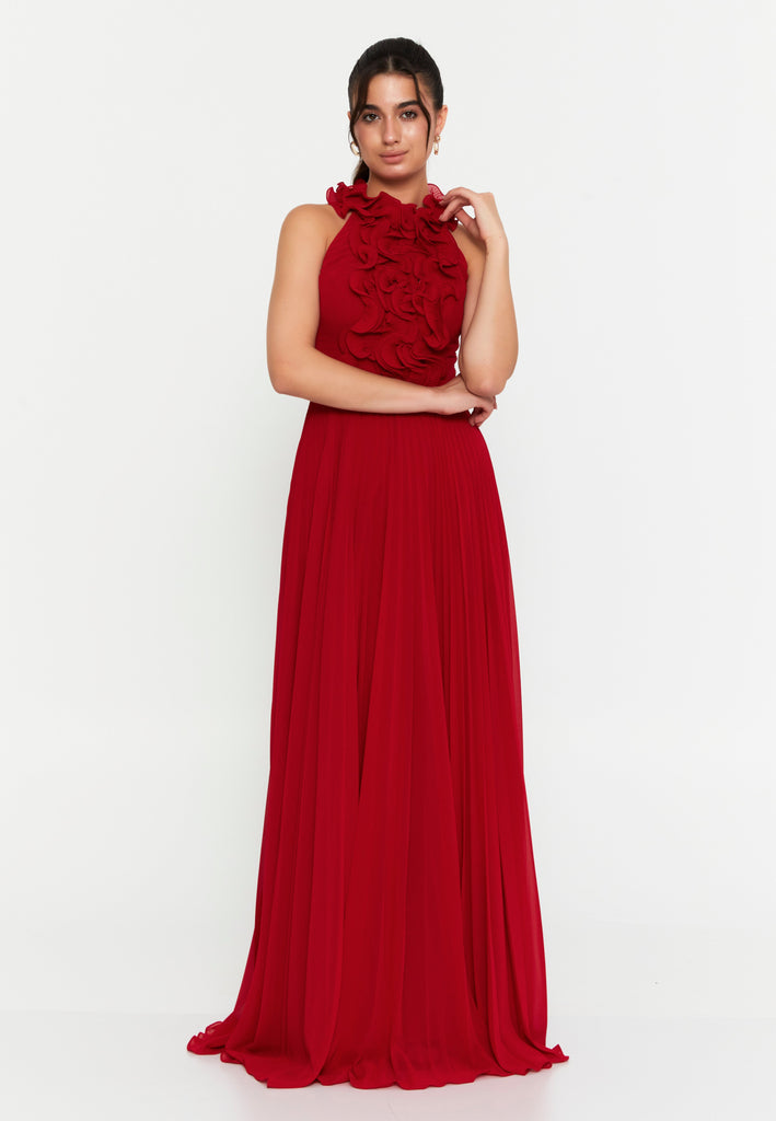 High-Neck 3D Floral Pleated Maxi Gown – Cinched Waist, Flowing Micro-Pleats & Effortless Ethereal Elegance