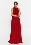 High-Neck 3D Floral Pleated Maxi Gown – Cinched Waist, Flowing Micro-Pleats & Effortless Ethereal Elegance