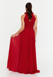 High-Neck 3D Floral Pleated Maxi Gown – Cinched Waist, Flowing Micro-Pleats & Effortless Ethereal Elegance