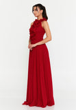 High-Neck 3D Floral Pleated Maxi Gown – Cinched Waist, Flowing Micro-Pleats & Effortless Ethereal Elegance