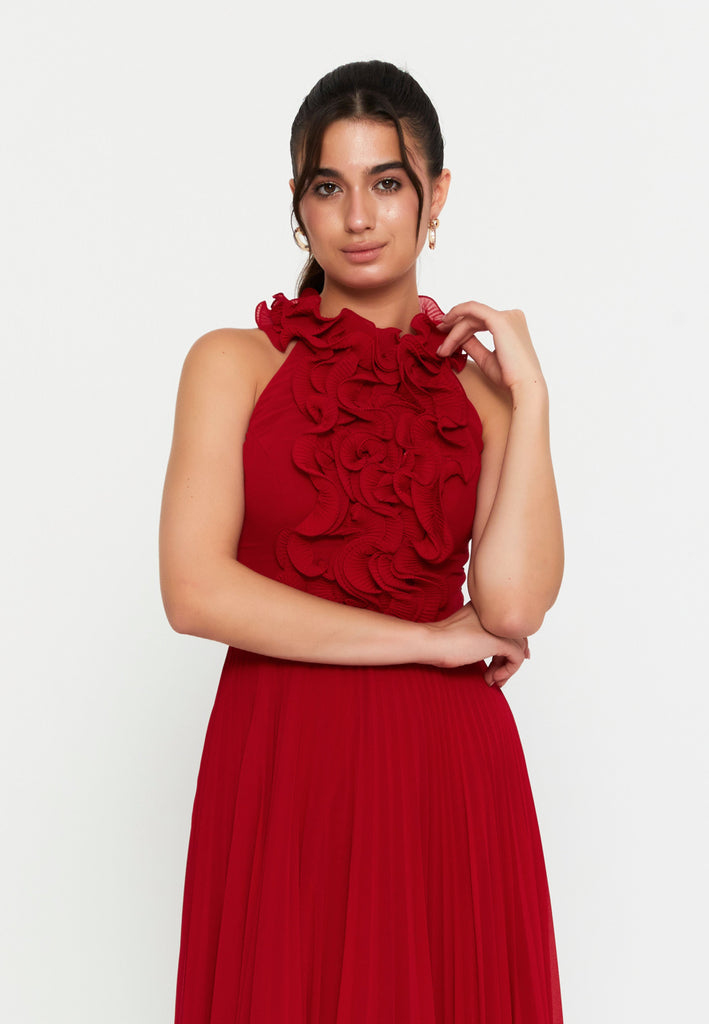 High-Neck 3D Floral Pleated Maxi Gown – Cinched Waist, Flowing Micro-Pleats & Effortless Ethereal Elegance