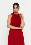 High-Neck 3D Floral Pleated Maxi Gown – Cinched Waist, Flowing Micro-Pleats & Effortless Ethereal Elegance