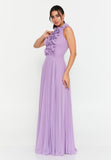 High-Neck 3D Floral Pleated Maxi Gown – Cinched Waist, Flowing Micro-Pleats & Effortless Ethereal Elegance