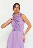 High-Neck 3D Floral Pleated Maxi Gown – Cinched Waist, Flowing Micro-Pleats & Effortless Ethereal Elegance