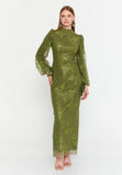 High-Neck Sequin Lace Gown – Long Puff Sleeves, Slim Silhouette & Subtle Allure of Light