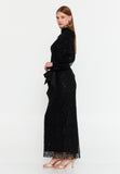 High-Neck Sequin Lace Gown – Long Puff Sleeves, Slim Silhouette & Subtle Allure of Light