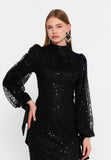 High-Neck Sequin Lace Gown – Long Puff Sleeves, Slim Silhouette & Subtle Allure of Light