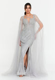 Celestial Beaded Cape-Sleeve Gown – Crisscross Neckline, Off-Shoulder Bodice, Front Slit & Flowing Tulle Trains