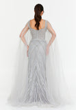 Celestial Beaded Cape-Sleeve Gown – Crisscross Neckline, Off-Shoulder Bodice, Front Slit & Flowing Tulle Trains