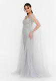 Celestial Beaded Cape-Sleeve Gown – Crisscross Neckline, Off-Shoulder Bodice, Front Slit & Flowing Tulle Trains