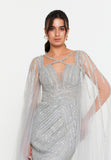 Celestial Beaded Cape-Sleeve Gown – Crisscross Neckline, Off-Shoulder Bodice, Front Slit & Flowing Tulle Trains