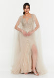 Celestial Beaded Cape-Sleeve Gown – Crisscross Neckline, Off-Shoulder Bodice, Front Slit & Flowing Tulle Trains