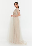 Celestial Beaded Cape-Sleeve Gown – Crisscross Neckline, Off-Shoulder Bodice, Front Slit & Flowing Tulle Trains