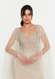 Celestial Beaded Cape-Sleeve Gown – Crisscross Neckline, Off-Shoulder Bodice, Front Slit & Flowing Tulle Trains